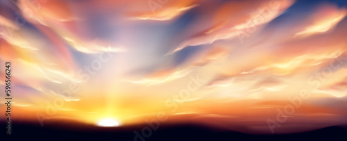 Realistic sunset sky with clouds. Vector illustration of sun going down on horizon, beautiful heavenly orange and pink cloudscape, golden hour. Magic sunlight above ground. End of day, aging symbol