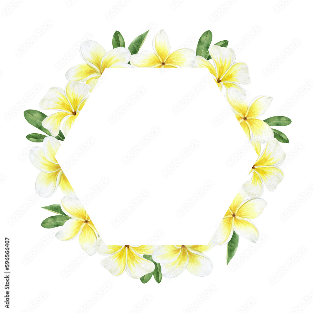 Yellow plumeria flowers. Tropical exotic flowers. Watercolor frame on a white background. For greeting cards, postcard, scrapbooking, packaging design