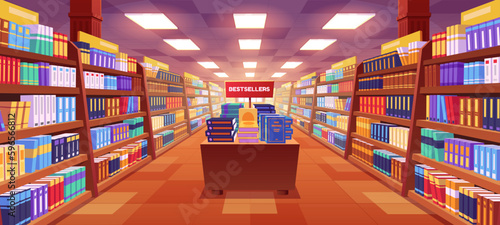 Cartoon bookstore interior with many books on shelves, table with bestsellers in aisle. Modern library design with literature on bookshelves and lamps on ceiling. Reading hobby. Publishing business