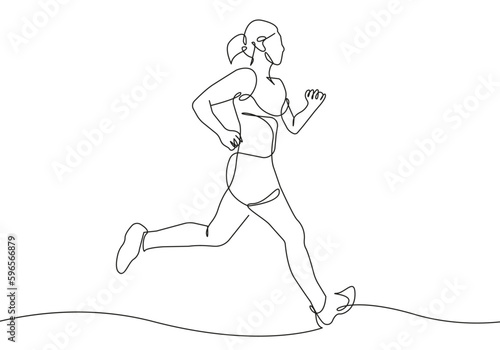 Woman Runner One Line Drawing. Running Abstract Minimal Drawing. Continuous One Line Woman Run Sport Illustration. Modern Trendy Contour Drawing. Vector EPS 10. 
