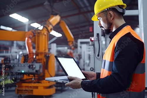 Engineer manager monitors and controls robot arm automation in smart factories in real time monitoring system software, welding robots and digital manufacturing operations 