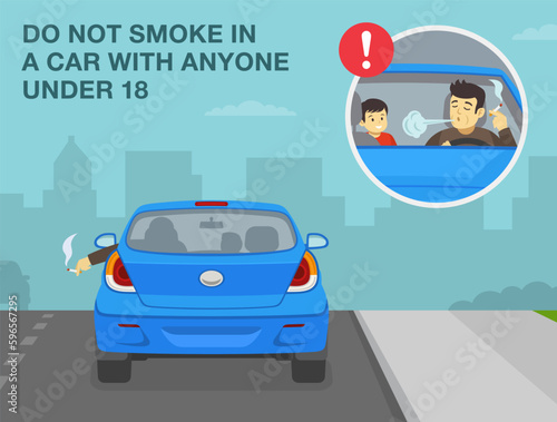Safe driving tips and rules. Driver smoking a cigarette and male kid sitting in back seat. Hand with cigarette hanging out the car window. Back view. Flat vector illustration template.
