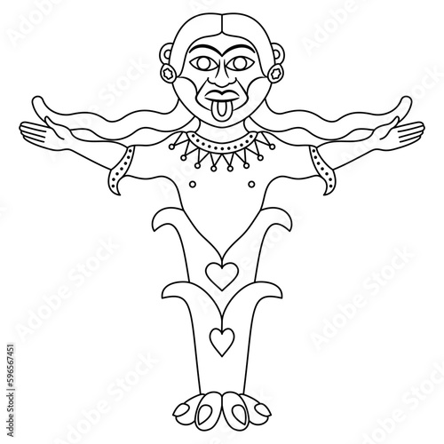 Fornax. Ancient Roman goddess of oven, furnace and baking. Antique sculpture. Black and white linear silhouette.