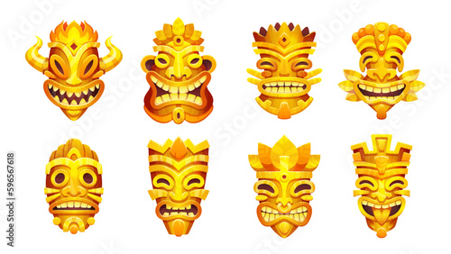 Cartoon set of totem tiki masks isolated on white background. Vector illustration of hawaiian traditional carved wooden accessory for magic ritual, home decoration for protection. Tribal culture