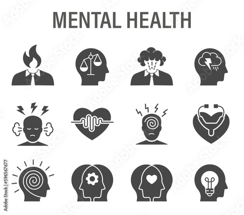 Mental health glyph icons, such as sadness, anxiety, therapy, panic attack and more. Vector illustration.