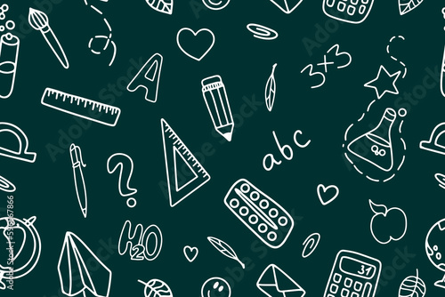 School education. Seamless pattern with doodles. Let's go back to the school drawing of doodles.Paper background, suitable for printing on fabric, wrapper. Vector illustration