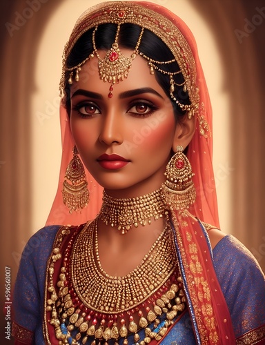 a painting portrait of a indian woman, Young hindu woman model in sari and kundan jewelry, Traditional India costume lehenga choli, Eastern or Arabic culture,  Generative AI.