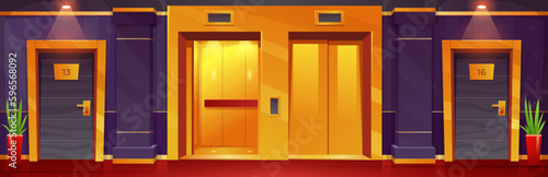Cartoon luxury hotel floor with room doors and golden elevators. Vector illustration of open and closed lift with up and down buttons on wall. Residential, office building corridor, elegant design