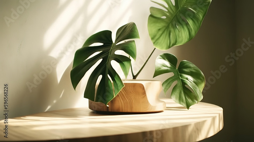 Beautiful grain  natural shape wooden podium table  green monstera tree in sunlight - Generative AI