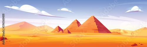 Cartoon sandy desert with antique pyramids in Egypt. Vector illustration of natural landscape with ancient historical buildings, pharaoh tombs, sightseeing place under blue sunny sky. Summer tourism