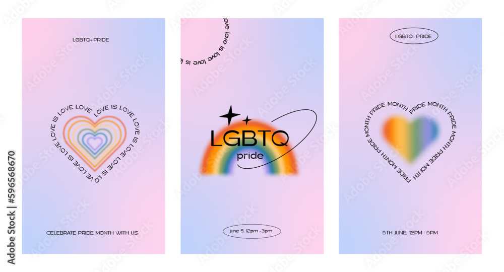 Set of trendy minimalist queer aesthetic posters with linear shapes and retro gradient LGBTQIA graphics. Y2K Pride Month social media templates with 90s linear design. Vector illustration. Set of trendy minimalist queer aesthetic posters with linear shapes and retro gradient LGBTQIA graphics. Y2K Pride Month social media templates with 90s linear design. Vector illustration.