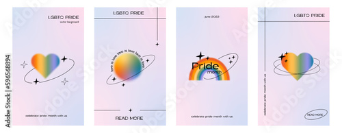 Set of trendy minimalist queer aesthetic posters with linear shapes and retro gradient LGBTQIA graphics. Y2K Pride Month social media templates with 90s linear design. Vector illustration.