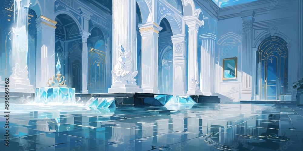 anime style background, architecture, blue, mosque, crystal, ice, cold, frozen, interior, hall, palace, temple, water, generative ai, generative, ai - obrazy, fototapety, plakaty 