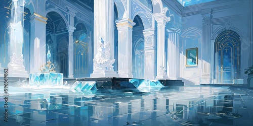 anime style background, architecture, blue, mosque, crystal, ice, cold, frozen, interior, hall, palace, temple, water, generative ai, generative, ai