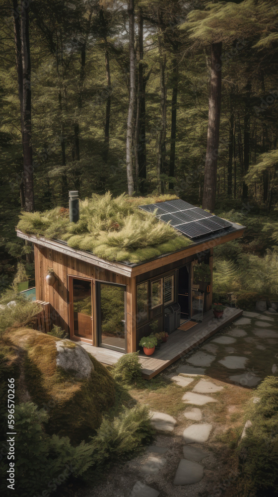 Sustainable, self-sufficient tiny house with solar panels surrounded by nature, generative ai