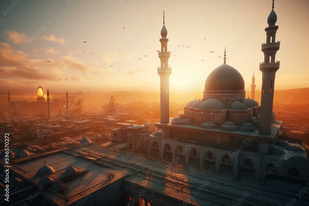 Breathtaking illustration of sunrise at mosque during the golden hour. Generative AI