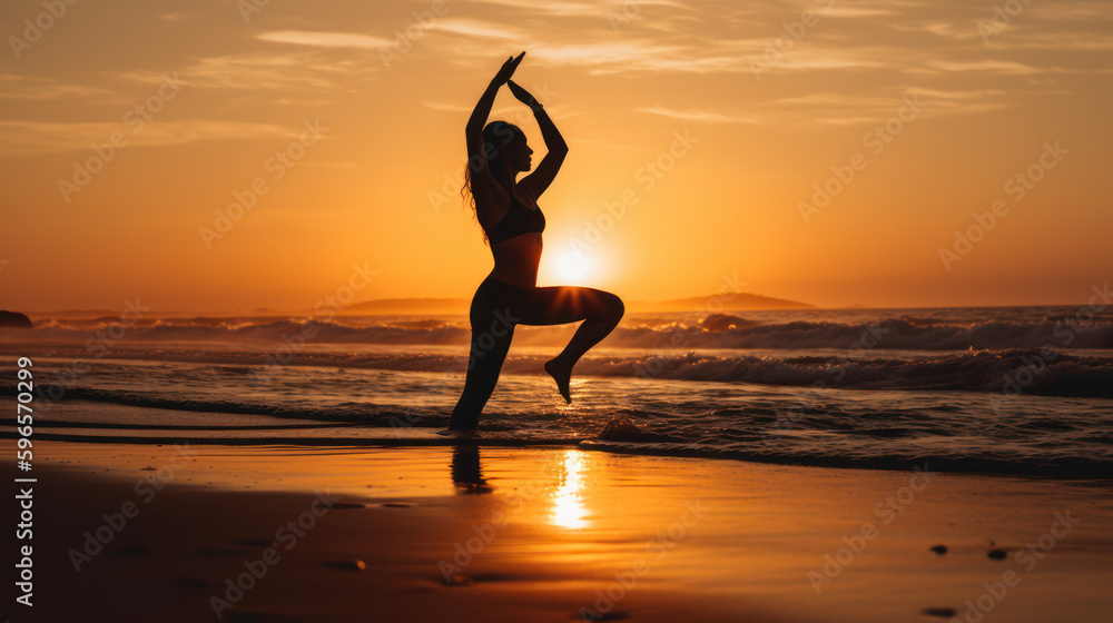 Woman exercising on the beach at sunset, wearing sport top and leggings, generative ai