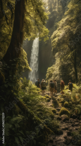 Group of hikers trekking towards a waterfall in the midst of nature  generative ai