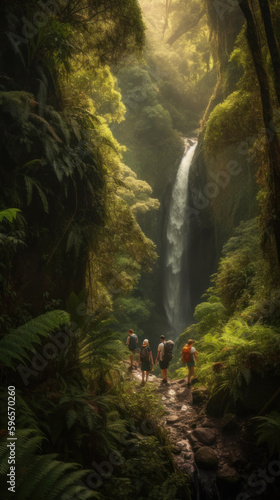 Group of hikers trekking towards a waterfall in the midst of nature  generative ai