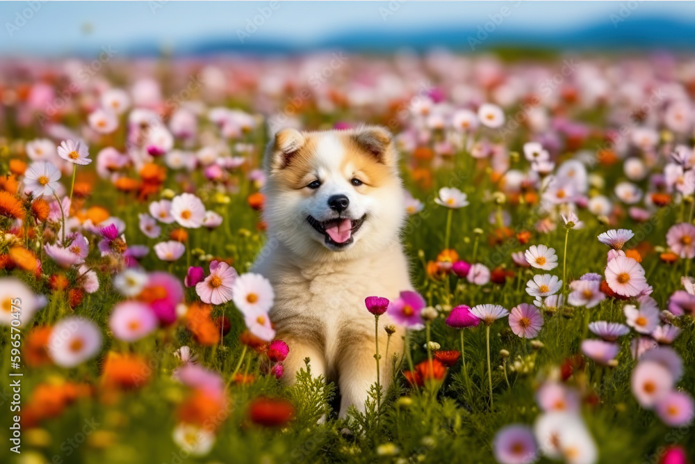 Puppy in flower field. Cute small pet dog puppy looking in flower herb field in summer day. Digital ai art