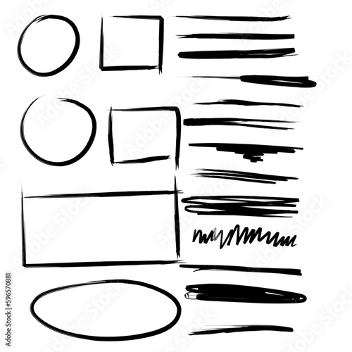 highlighter circles and rectangles, abstract doodle writing design, black pen lines, underlines