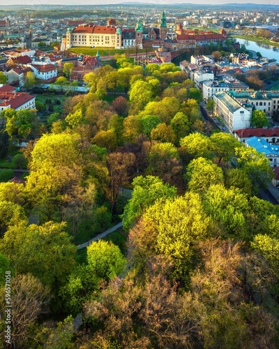 Wiosenne planty krakowskie z Wawelem w tle