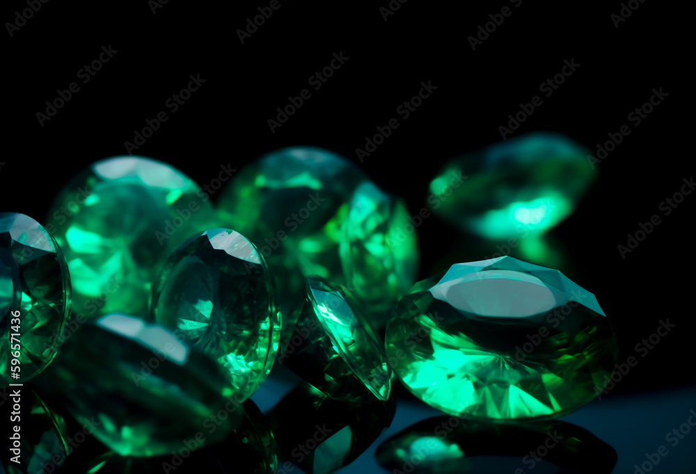 Elegant emerald green stones , showcasing luxury and brilliance, shallow depth of field, Illustrative Generative AI