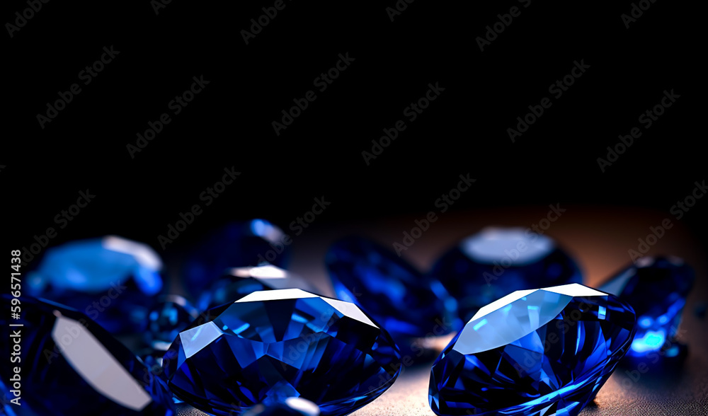 Blue Sapphires on black background symbolizing luxury, wealth, and rarity, shallow depth of field, Illustrative Generative AI