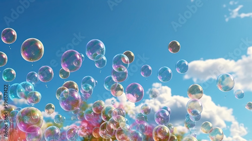 Close-up of a bunch of soap bubbles floating in the air.Generative Ai