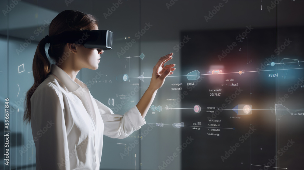 Woman Wearing a VR Headset With a Futuristic Mixed Reality User Interface - obrazy, fototapety, plakaty 