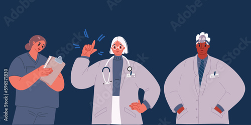 Cartoon vector illustration of character of doctors and nurses standing together male and female medical characters