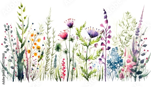 Meadow in summer with herbs and flowers. Horizontal border of adorable watercolor flowers on a white background. Illustration, Generative AI © cartoon-IT