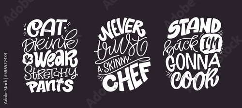 Set with Handwritten lettering quotes about kitchen and cooking. Hand drawn unique typography design element for greeting cards, decoration, prints and posters.