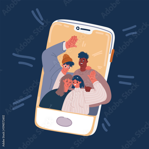 Cartoon vector illustration of phone with short messages, icons and emoticons. Chatting with friends and sending new messages. People on screen phone
