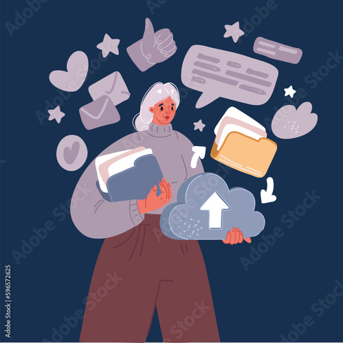 Cartoon vector illustration of Woman uploads files, documents yellow folder to cloud storage. Saving information, data on Internet with download bar. Archive. Backup.