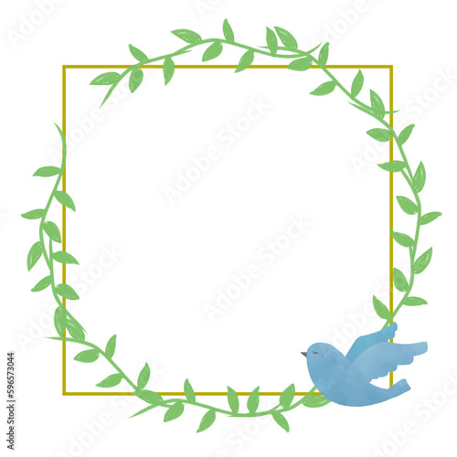 青い鳥と高級感のある葉っぱのフレーム