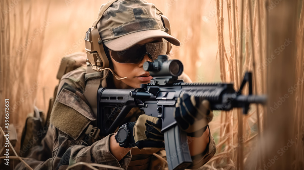 Female Military Soldier Ambushing with Automatic Rifle in Dry Grass Field in War Scene Female Military Soldier Ambushing with Automatic Rifle in Dry Grass Field in War Scene