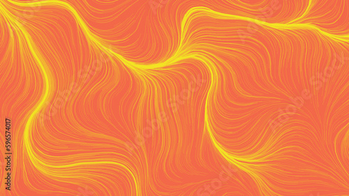 Bright orange abstract background. Backdrop with modern stripes, lines. Wavy stripes yellow color on orange backdrop. Neon Glowing Rays