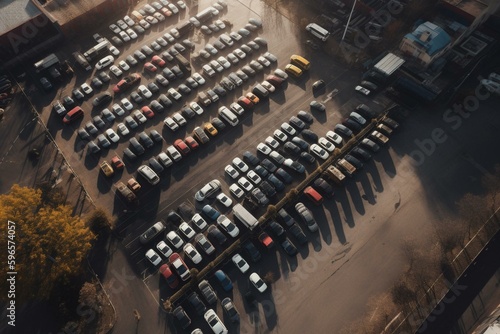 Aerial view of a compact parking area for trucks and cars. Generative AI