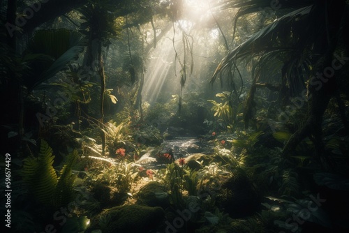 Jungle illuminated by sunshine. Generative AI © Isolde