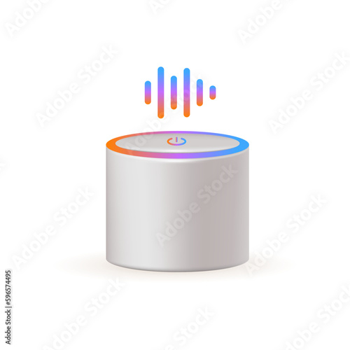 Smart speaker 3d vector illustration. Voice control digital assistant in cartoon style isolated on white background. Modern technology, artificial intelligence, smart home concept