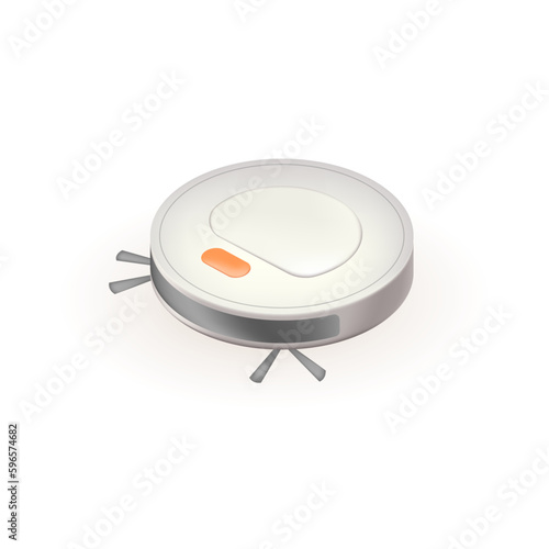 Robot vacuum cleaner 3d vector illustration. Wireless device for cleaning house in cartoon style isolated on white background. Modern technology, smart home concept