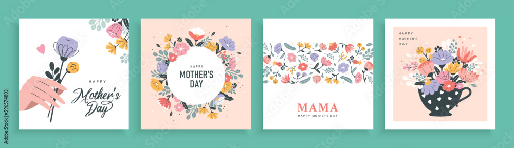 Set of Mother's day greeting cards with beautiful blossom flowers. - obrazy, fototapety, plakaty 