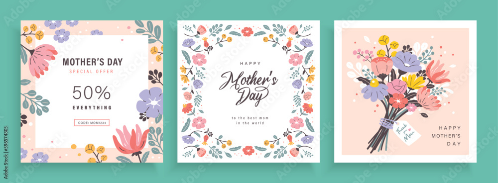 Set of Mother's day greeting cards with beautiful blossom flowers. - obrazy, fototapety, plakaty 