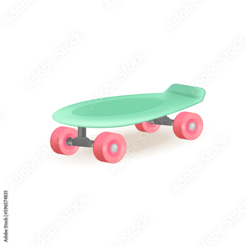 Colorful longboard 3d vector illustration. Urban street sport equipment for skateboarding in cartoon style isolated on white background. Sport, freestyle, active lifestyle, health concept