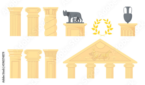 Ancient Roman columns and symbols vector illustrations set. Collection of drawings of pillars, sculpture, amphora, laurel wreath. Ancient Rome, architecture, history or culture, decoration concept