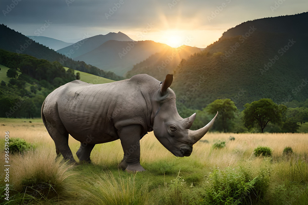 rhino in sunset - obrazy, fototapety, plakaty 