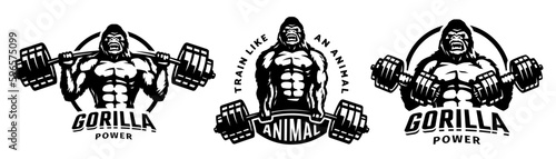 Gorilla bodybuilder. Set of bodybuilding and fitness logos. Vector illustration.
