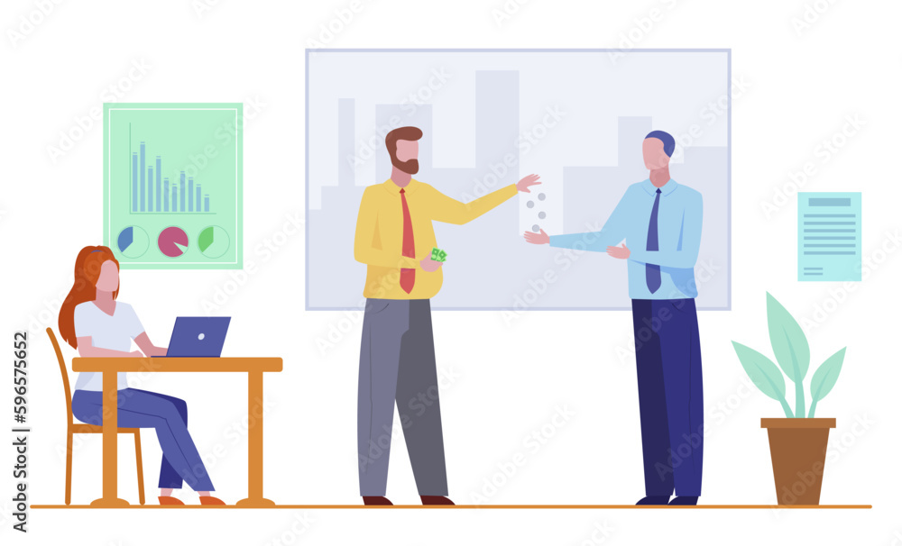 Obraz premium Cartoon employer giving office worker silver coins as salary. Overworked and underpaid employee, falling wages, pay decrease vector illustration. Finances, economy, low salary concept