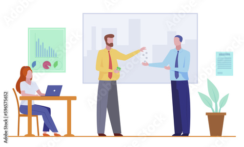 Cartoon employer giving office worker silver coins as salary. Overworked and underpaid employee, falling wages, pay decrease vector illustration. Finances, economy, low salary concept